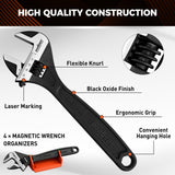 HORUSDY 4-Piece Adjustable Wrench Set With 4-Piece Magnetic Wrench Organizer Racks, 6" 8" 10" Wide Jaw Black Oxide Wrenches with Tool Roll Pouch, Metric&SAE Scales, CR-V Steel for Home Garage Workshop