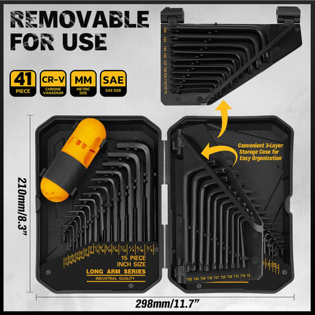 Hex Key Allen Wrench Set: 41-Piece Hex and Torx Key Set with Torque Handle, Standard SAE(0.028"-3/8") & Metric(0.7mm-10mm) & Torx(T9-T50) in Storage Case, Heat Treated Chrome Vanadium Steel