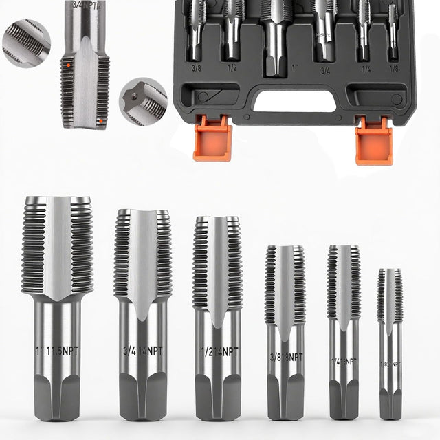 HORUSDY 6-Piece NPT Pipe Tap Set, Carbon Steel Threading Tool Kit for Pipe Taper Threads, Sizes 1/8", 1/4", 3/8", 1/2", 3/4" & 1", Durable Plumbing Tap Set with Storage Case