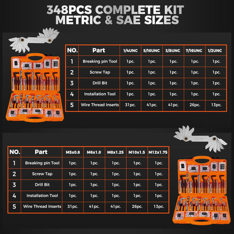 HORUSDY 348-Piece Thread Repair Kit, Metric & SAE Helicoil Set with HSS Drill Bits, Thread Inserts, Taps & Installation Tools, for Damaged Thread, Engine, Spark Plug & Automotive Repair
