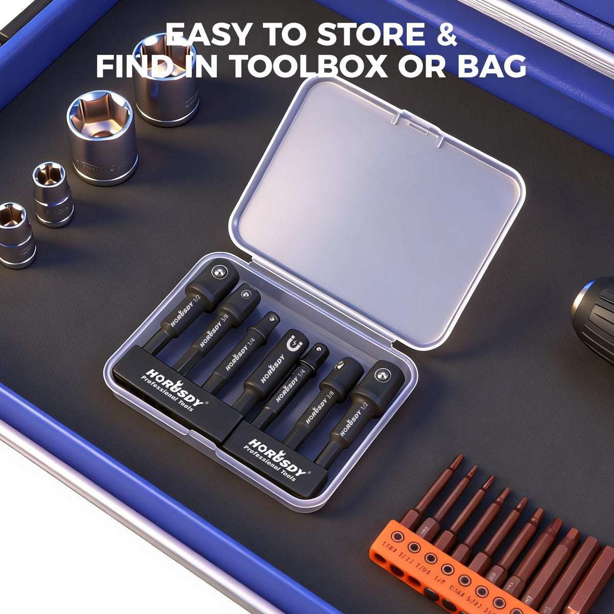 7-Piece High Torque Impact Socket Adapter & Magnetic Bit Holder Set, 1/4" Hex Shank Drill Socket Adapter to 1/2" 3/8" 1/4" Drive, Magnetic Bit Holder for Impact Driver & Drill, With Organizer Rack