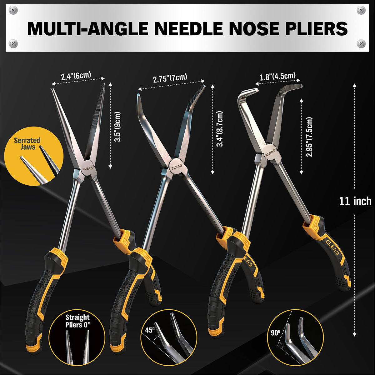 3-Piece 11 Inch Long Reach Pliers Set with 3 Magnetic Plier Racks, Extra Long Needle Nose Pliers Set Includes Straight, 45° & 90° Bent Nose Plier, Pliers Tool Set for Tight Spaces
