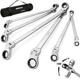 Extra Long Flex-Head Ratcheting Wrench Set, Anti-Slip 6-Piece Double Box End Wrench Set, 72-Teeth, Metric 8-19mm, CR-V Steel Wrench with Rolling Pouch