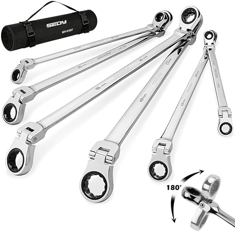 Extra Long Flex-Head Ratcheting Wrench Set, Anti-Slip 6-Piece Double Box End Wrench Set, 72-Teeth, Metric 8-19mm, CR-V Steel Wrench with Rolling Pouch