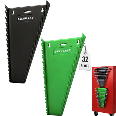 Magnetic Wrench Organizer 2-Piece, 32-Slot Drawer Storage, SAE (1/4" to 1-1/16"), Metric (6mm to 24mm), Green and Black
