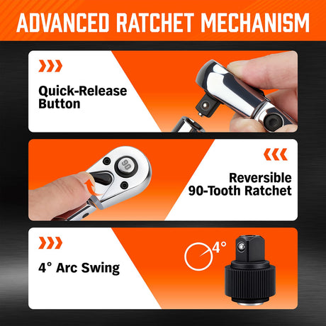 HORUSDY 3/8" Drive 90-Tooth Flex Head Ratchet Handle, 180° Adjustable CR-V Ratchet with Quick Release & Reversible Switch, 4° Swing Arc Socket Wrench for Automotive, Bike & DIY Repair