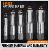 HORUSDY 5-Piece NPT Pipe Tap Kit with Heavy-Duty Storage Case, Premium Carbon Steel Threading Tools, 1/8"–3/4" Tapered Pipe Taps for Fast, Clean & Reliable Plumbing Repairs