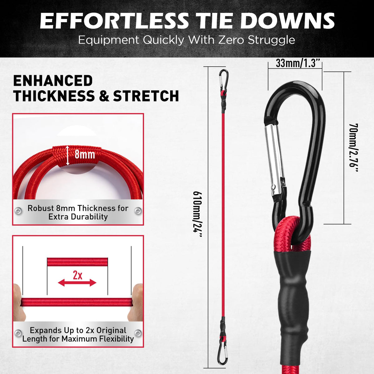 5-Piece 24 Inch Bungee Cords with Carabiner Hooks, Heavy Duty Rubber Elastic Tie Down Straps, Bungee Cord with Carabiner Clips for Cargo, Truck Bed, Camping, Motorcycle and Outdoor Use (Red)