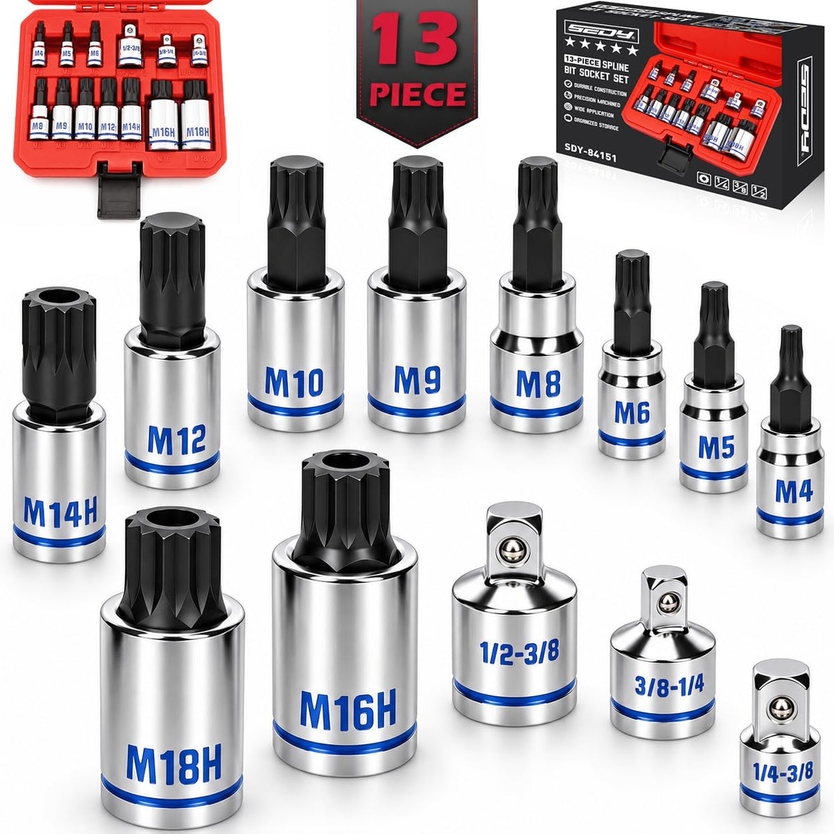 13-Piece XZN Triple Square Spline Bit Socket Set, M4-M18, Premium S2 Steel