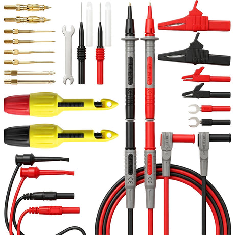29-Piece Multimeter Test Leads Set, CAT.III 1000V / CAT.IV 600V Multimeter Probes with Alligator Clips, Piercing Probes, Needle Probe, Replaceable Probe Accessories, Soft PVC Volt Meter Lead