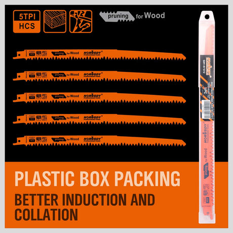 5-Pack 12-Inch Wood Pruning Reciprocating Saw Blades, 5TPI HCS Carbon Steel Sawzall Blades for Fast Cutting Green Wood, Branches & Plastic - Includes Storage Case