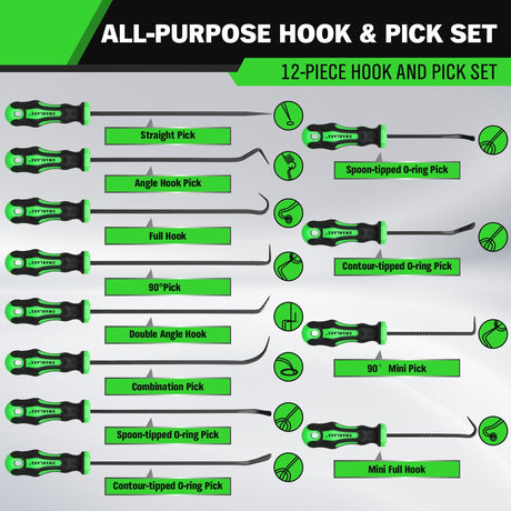 12-Piece Pick and Hook Tool Set, Automotive Mechanic Tools, Car Auto Oil Seal/O-Ring Seal Hook Kit, Mini & Long Precision Hooks for Hoses, Gaskets, Seal Puller Removal