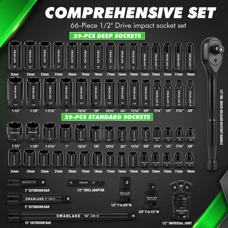 66-Piece 1/2" Drive Impact Socket Set, SAE & Metric, Deep & Shallow Socket
