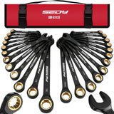 Premium 24-Piece Ratcheting Wrench Set, SAE(1/4-7/8") & Metric(8–19mm) Combination Wrenches, 72-Tooth CR-V Steel with Durable Black Finish, Ratchet Spanners with Roll-Up Tool Pouch for Repair