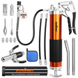 18-Piece 8000PSI Heavy Duty Grease Gun Kit with 14oz Grease, 2x11" Hoses, Flex Hose, Extension Pipes, Lock Coupler, Injector, Sharp Nozzle for Vehicle, Farm, Workshop, Marine, Easy Operation Tool