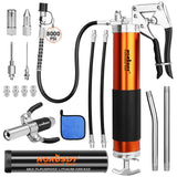 18-Piece 8000PSI Heavy Duty Grease Gun Kit with 14oz Grease, 2x11" Hoses, Flex Hose, Extension Pipes, Lock Coupler, Injector, Sharp Nozzle for Vehicle, Farm, Workshop, Marine, Easy Operation Tool