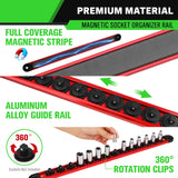 1/4-Inch Magnetic Socket Organizer Rail, Aluminum Alloy Socket Rail, Heavy Duty Sockets Holder with 14 Clips, 360° Swivel Clip Tool Tray, Sockets Organizer for Tool Box Drawer (Red)