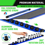 1/2-Inch Magnetic Socket Organizer Rail, Aluminum Alloy Socket Rail, Heavy Duty Sockets Holder with 12 Clips, 360° Swivel Clip Tool Tray, Sockets Organizer for Tool Box Drawer (Blue)