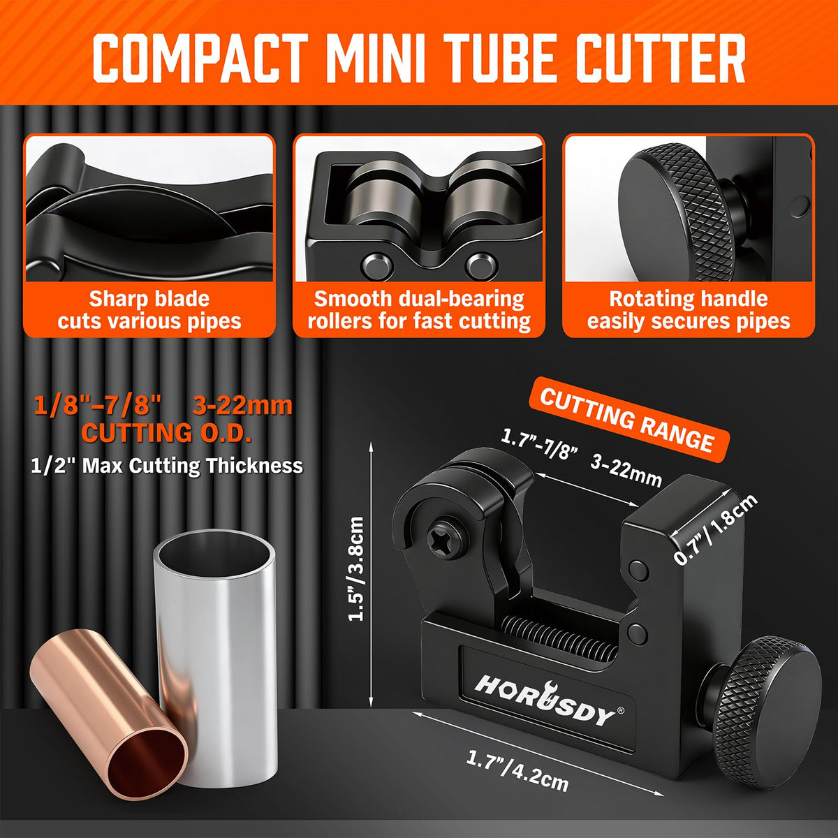 HORUSDY 4-Piece Ultimate Tube Cutter Set, Heavy Duty Pipe Cutter 1/4"-2", Mini Tubing Cutter 1/8"-7/8", Deburring Tool & Inner Outer Reamer for Copper, PVC, Aluminum Plumbing & HVAC Pipes