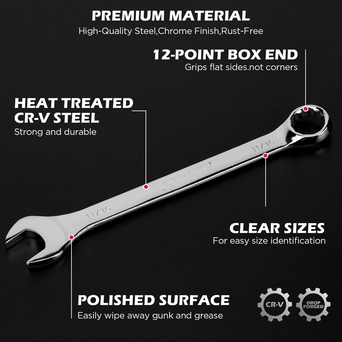 15-Piece SAE Combination Wrench Set, 1/4''–1'' 12-Point Open End and Box End Wrench Kit with Organizer, Chrome Vanadium Steel Tools for Mechanics, Garages and Workshops
