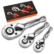 HORUSDY 3 Piece 90T Stubby Ratchet Handle Set, 1/4" 3/8" 1/2" Drive Mini Socket Wrench, Compact Reversible Ratchets for Tight Spaces, Car & Home Repair, DIY, Mechanic Tool