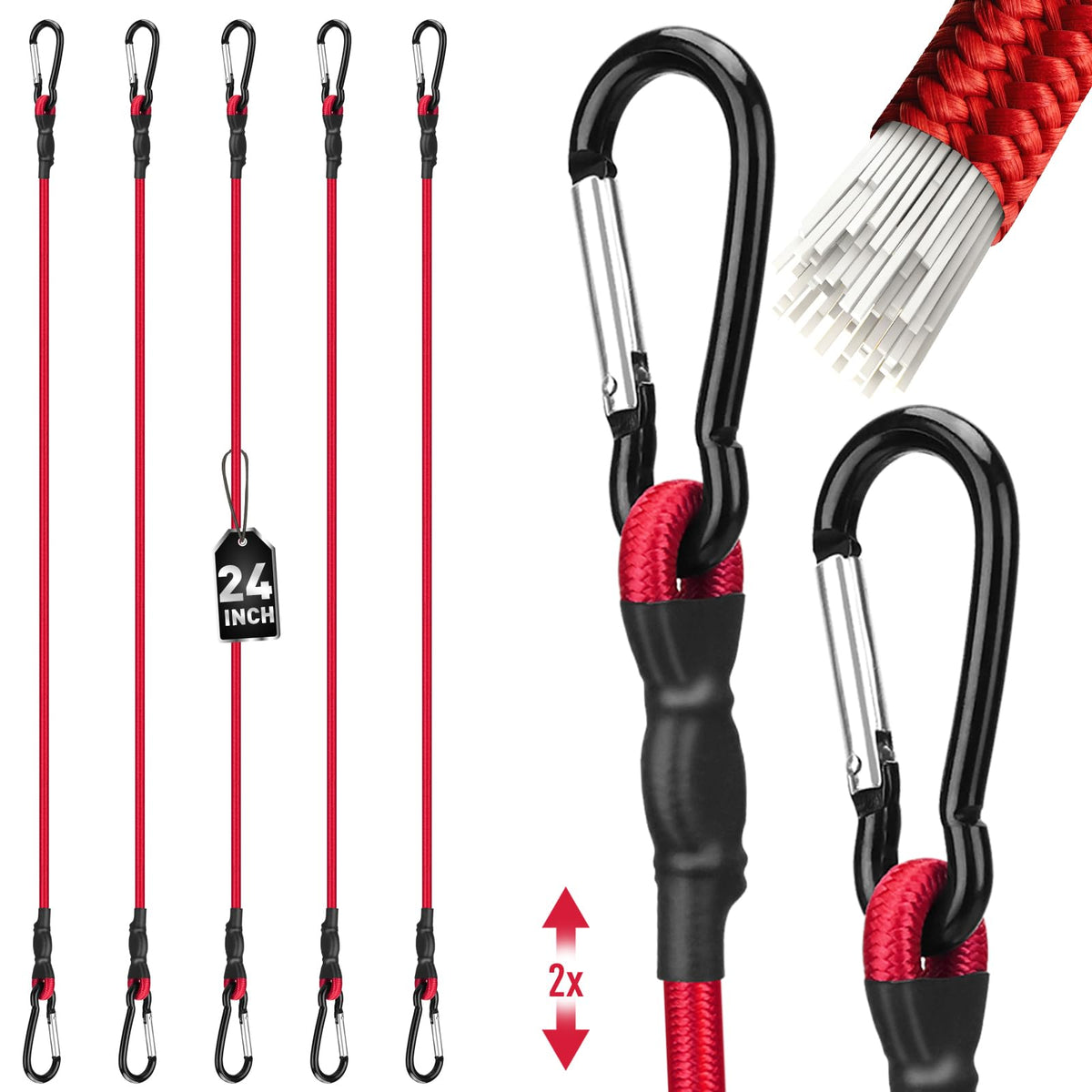 5-Piece 24 Inch Bungee Cords with Carabiner Hooks, Heavy Duty Rubber Elastic Tie Down Straps, Bungee Cord with Carabiner Clips for Cargo, Truck Bed, Camping, Motorcycle and Outdoor Use (Red)