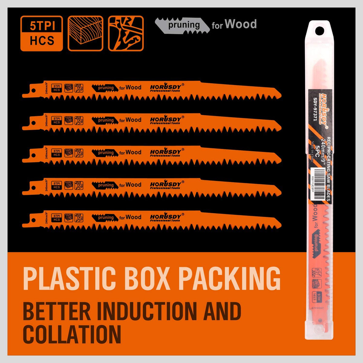 5-Pack 9-Inch Wood Pruning Reciprocating Saw Blades, 5TPI HCS Carbon Steel Sawzall Blades for Fast Cutting Green Wood, Branches & Plastic - Includes Storage Case