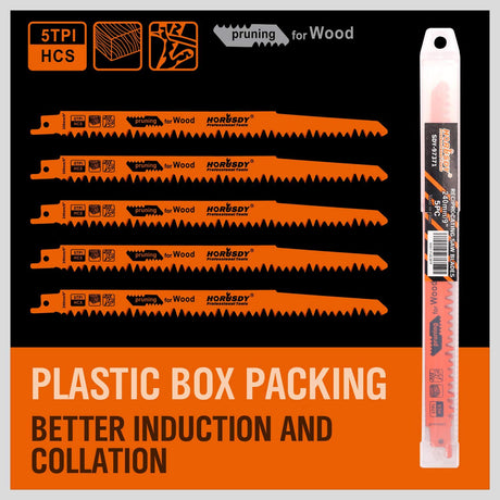 5-Pack 9-Inch Wood Pruning Reciprocating Saw Blades, 5TPI HCS Carbon Steel Sawzall Blades for Fast Cutting Green Wood, Branches & Plastic - Includes Storage Case
