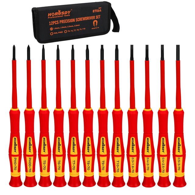 HORUSDY 12-Piece Precision Screwdriver Set, 1000V Insulated Electrician Screwdrivers with Magnetic Tips & Rotatable Top Cap, Phillips PH0/PH00, Slotted 1.8–3mm & Torx T5–T10 with Portable Storage Bag