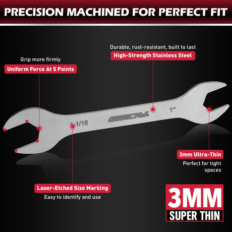 9-Piece Super Thin Open-End Wrench Set, SAE 1/4"-1-1/16", 3mm Thickness Slim Wrench Set for Tight Spaces, Nickel Plated Flat Wrenches with Rolling Storage Pouch