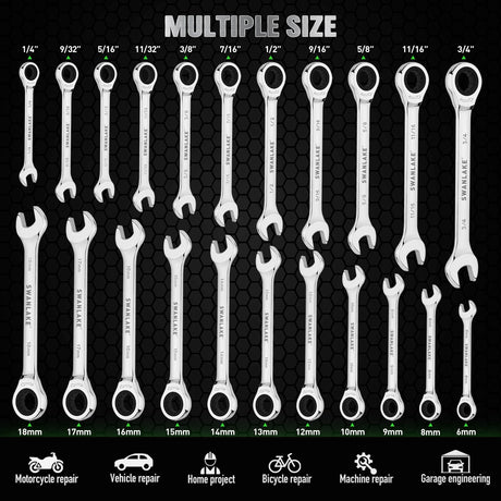 24-Piece Combination Ratchet Wrench Set, Metric (6-18mm) & SAE (1/4''-3/4'') Wrenches Set, 12-Point 72-Tooth Ratchet Spanners with Magnetic Base Organizer, Chrome Vanadium Steel for Auto Mechanic Tool