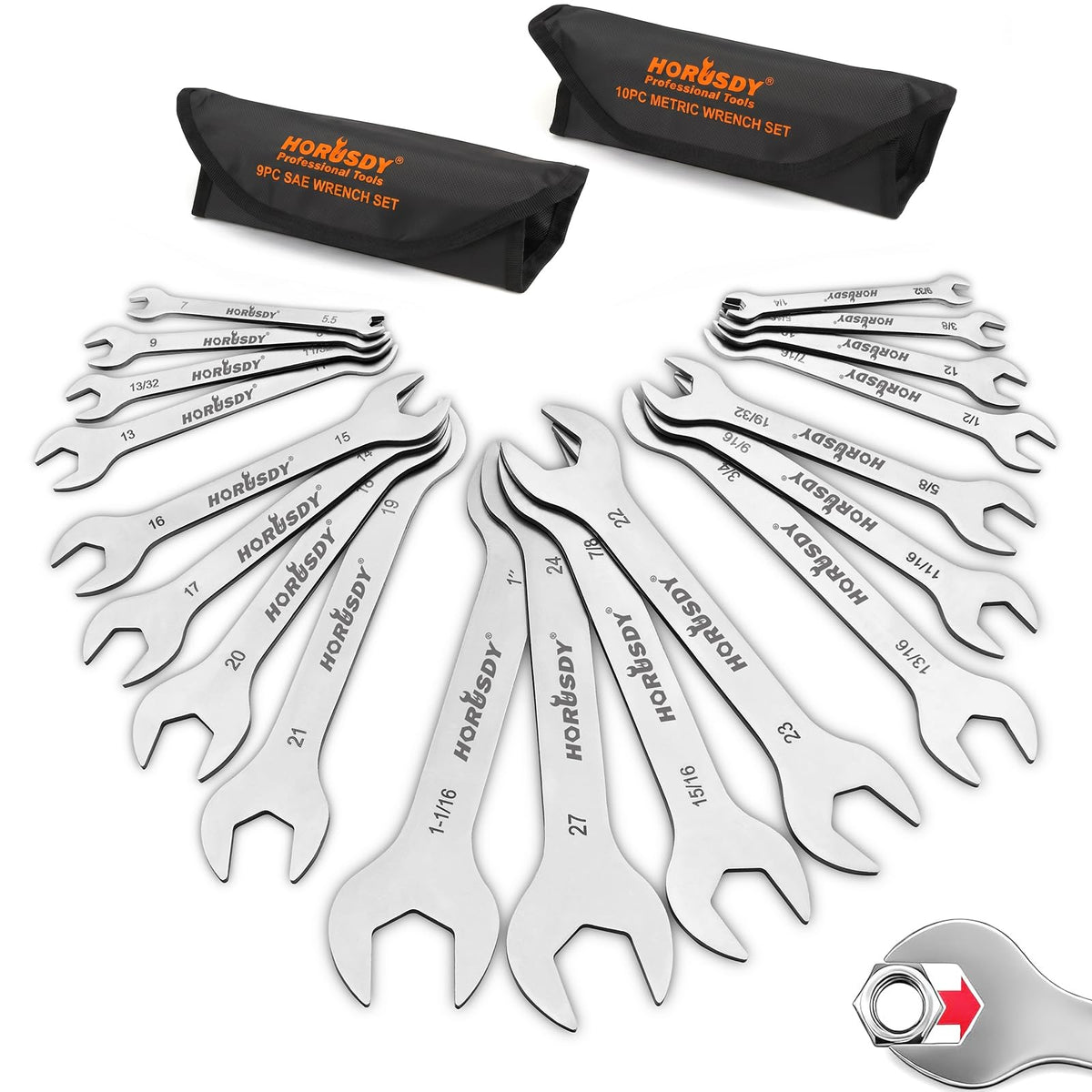 HORUSDY Thin Open End Wrench Set | Bike Wrench Set with Rolling Pouch | 19-Piece SAE & Metric | CR-V Steel | 1/4" to 1-1/16" & 5.5mm to 27mm for Mechanics