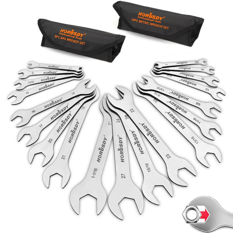 HORUSDY Thin Open End Wrench Set | Bike Wrench Set with Rolling Pouch | 19-Piece SAE & Metric | CR-V Steel | 1/4" to 1-1/16" & 5.5mm to 27mm for Mechanics