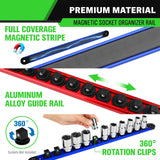 8-Piece Magnetic Socket & Bit Organizer Kit, 1/4'' 3/8'' 1/2'' Heavy Duty Socket Holder Holds 80 Clips, Aluminum Sockets Rail for Tool Box Drawer, 1/4'' Slidable Drill Bit Organizer Holds 80 Bits