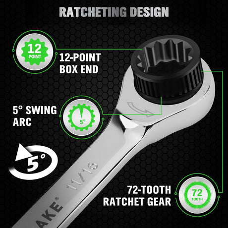 12-Piece Ratcheting Wrench Set, SAE 1/4 - 3/4 inch Ratchet Combination Wrenches Set, 12-Point 72-Tooth Ratchet Spanners with Magnetic Base Organizer, Chrome Vanadium Steel for Automotive Mechanic Tool