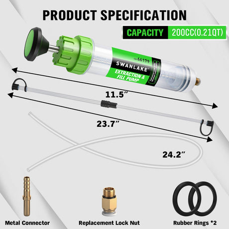SWANLAKE 200cc Fluid Extractor & Fill Pump, Automotive Fluid Pump Extractor, Oil Change Pumps with 23'' Long Hose, 2PCS 12'' Extension Tubes, Suction Pumps for Lawn Mowers Cars