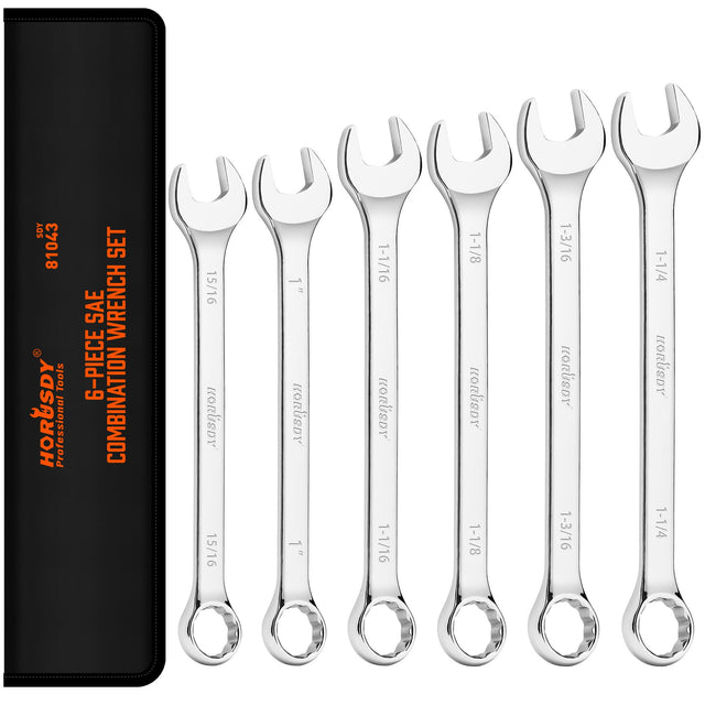 HORUSDY Large Wrench Set with Rolling Pouch | SAE | 6-Piece | 15/16″, 1″, 1-1/16″, 1-1/8″, 1-3/16″, 1-1/4″ | 12 Point | Chrome Vanadium Steel