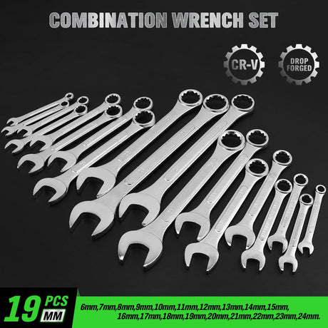 19-Piece Metric Combination Wrench Set, 6-24mm Standard Spanner Wrench Set, Mechanic Tool Sets with Rolling Pouch, Open End Wrenches for Household, Garage, Workshop, Auto Repairs
