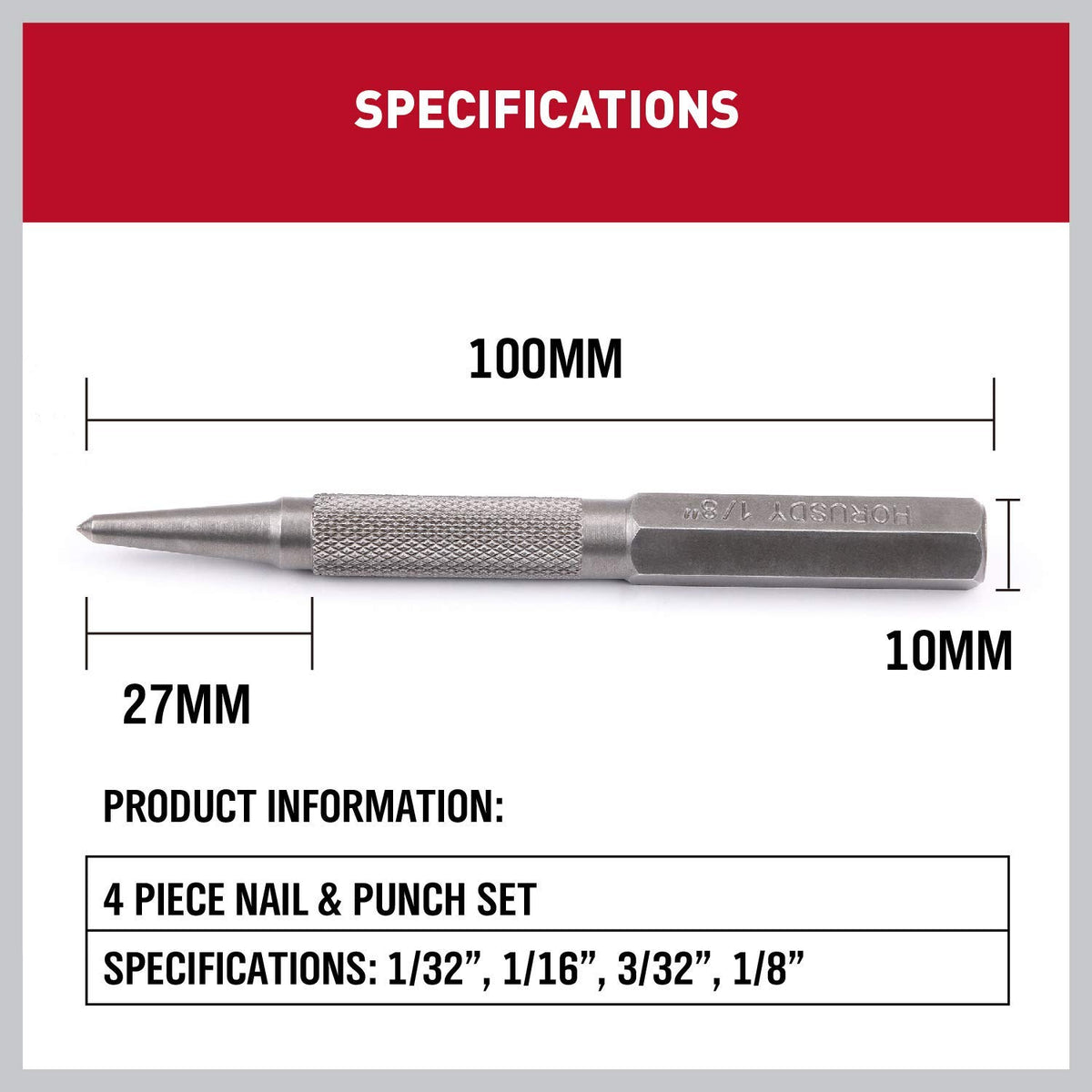 HORUSDY 4-Piece Durable Nail Setter Punch & Center Punch Set, Hardened Cr-V Steel with Non-Slip Knurled Grip, Includes 3 Nail Setters (1/32", 1/16", 3/32") and 1/8" Center Punch