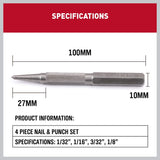 HORUSDY 4-Piece Durable Nail Setter Punch & Center Punch Set, Hardened Cr-V Steel with Non-Slip Knurled Grip, Includes 3 Nail Setters (1/32", 1/16", 3/32") and 1/8" Center Punch