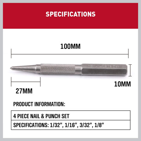 HORUSDY 4-Piece Durable Nail Setter Punch & Center Punch Set, Hardened Cr-V Steel with Non-Slip Knurled Grip, Includes 3 Nail Setters (1/32", 1/16", 3/32") and 1/8" Center Punch