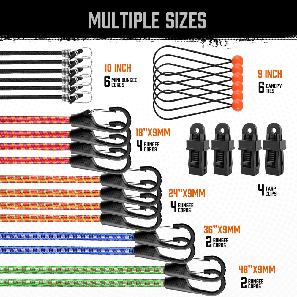 HORUSDY 28-Piece Premium Bungee Cords with Hooks, Includes 10”, 18”, 24”, 36”, 48”, Bungee Cord Assortment (10 to 48 Inch)