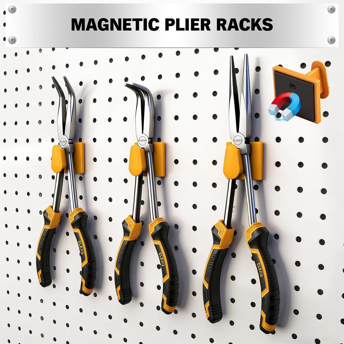 3-Piece 11 Inch Long Reach Pliers Set with 3 Magnetic Plier Racks, Extra Long Needle Nose Pliers Set Includes Straight, 45° & 90° Bent Nose Plier, Pliers Tool Set for Tight Spaces