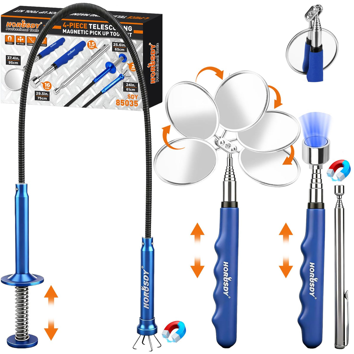 HORUSDY 4PCS Telescoping Magnetic Pick Up Tool Kit, Magnetic Sweepers Set with 360° Inspection Mirror, 2 Telescoping Magnetic Pickup Tools (5–25.6/6.9–29.5 in) & 24 in Flexible Claw Grabber