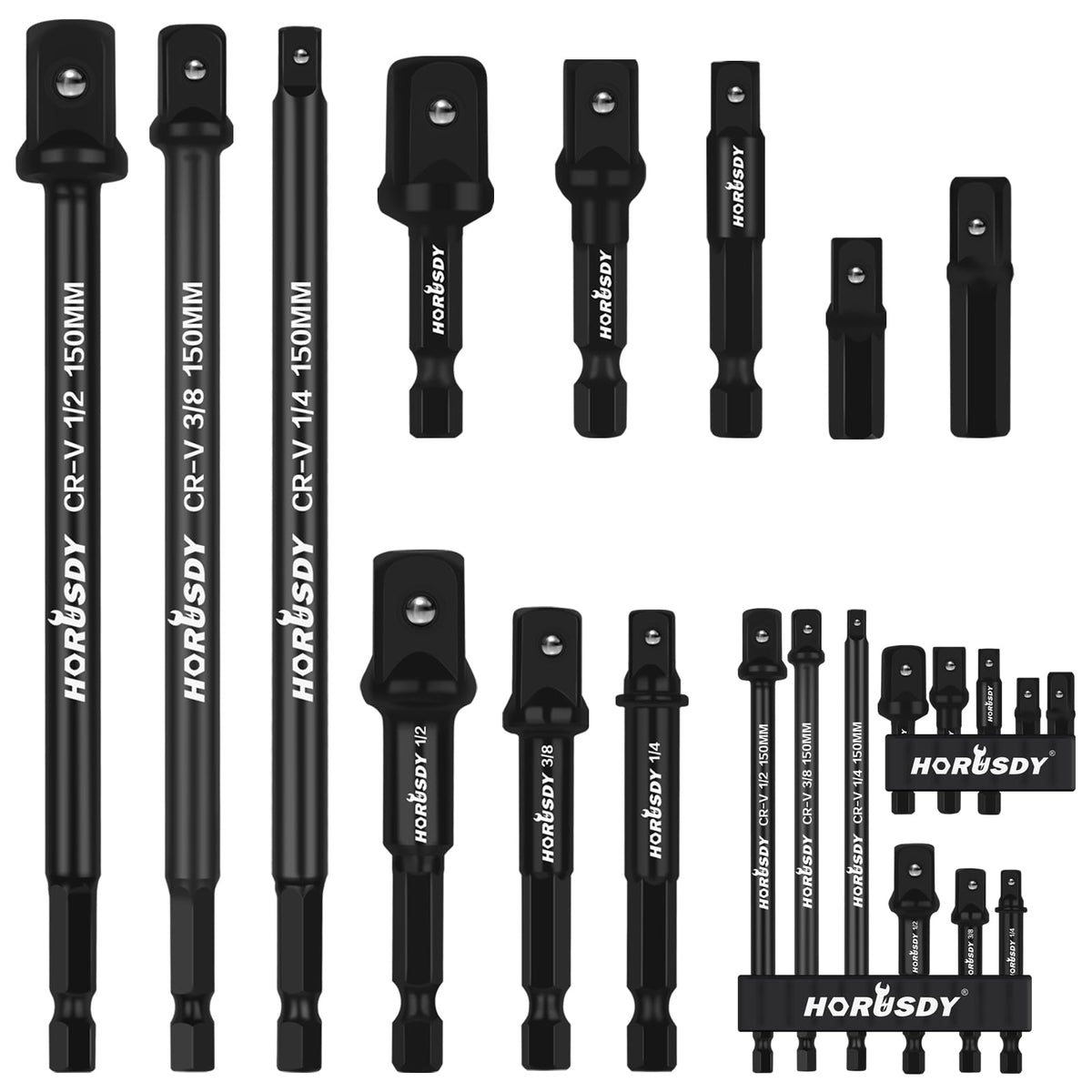 HORUSDY 11-Piece Impact Socket Adapter Set, 1/4-Inch Hex Shank, Cr-V Steel High Torque Drill Extension Bits, 1/4" 3/8" 1/2" Impact Driver Socket Adapters with Storage Holder