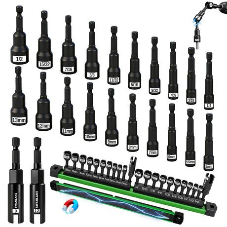 22-Piece Magnetic Nut Driver Set, Metric & SAE (5-13mm & 3/16"-1/2"), 1/4" Hex Shank Impact Bit Set, Wing Nut Driver Bits, Magnetic Aluminum Storage Rail