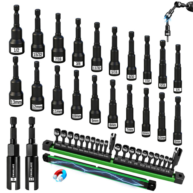 22-Piece Magnetic Nut Driver Set, Metric & SAE (5-13mm & 3/16"-1/2"), 1/4" Hex Shank Impact Bit Set, Wing Nut Driver Bits, Magnetic Aluminum Storage Rail