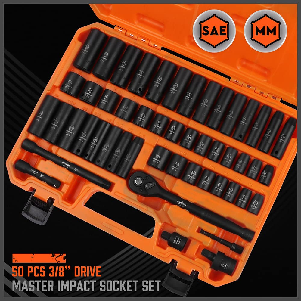 HORUSDY 50-Piece 3/8" Drive Impact Socket Set, Standard SAE (5/16 to 3/4 inch) and Metric (8-22mm) Size, 6 Point, Cr-V, 3/8-Inch Drive Ratchet Wrench, Drive Extension Bar, Impact Universal Joint