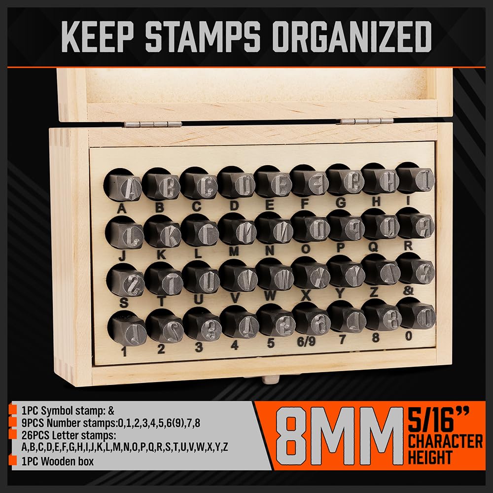 HORUSDY 36-Piece Number and Letter Stamp Set 5/16 (8mm) (A-Z) Punch Perfect for Imprinting metal stamping kit, Plastic, Wood, Leather