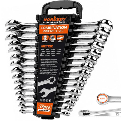 HORUSDY 15-Piece Metric Wrench Sets, Premium Combination Wrench Set Metric 8-22mm, Max Torque, 12-Point, Chrome Vanadium Steel, with Storage Rack